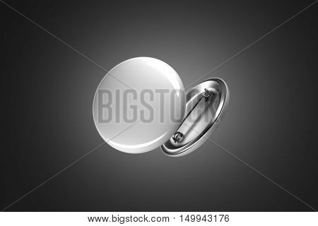 Blank white button badge mockup isolated on black clipping path 3d rendering. Empty clear pin emblem mock up. Round plastic volunteer label. Vote sign design template. Campaigning badges display.
