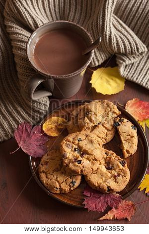 hot chocolate warming drink wool throw cozy autumn leaves cookies