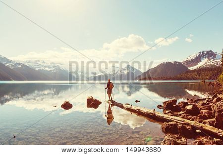 Hike to turquoise waters of picturesque Garibaldi Lake near Whistler, BC, Canada. Very popular hike destination in British Columbia.