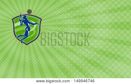 Business card showing Illustration of a volleyball player spiker spiking hitting ball set inside crest shield done in retro style.