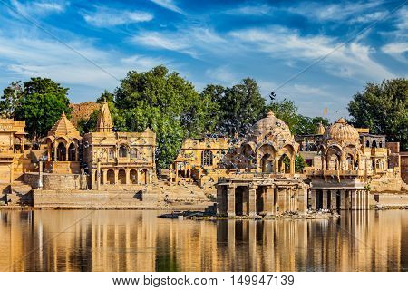 Indian tourist landmark Gadi Sagar - artificial lake. Jaisalmer, Rajasthan, India