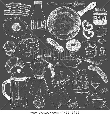  Kitchen dishes and food for breakfast big set. Vintage style illustration. Hand drawing white chalk on a blackboard. Vector art. Isolated objects for design menu of restaurants and cafes.
