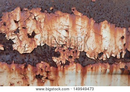 Rusted white painted metal wall. Rusty metal background with streaks of rust. Rust stains. The metal surface rusted spots.metal rust texture background
