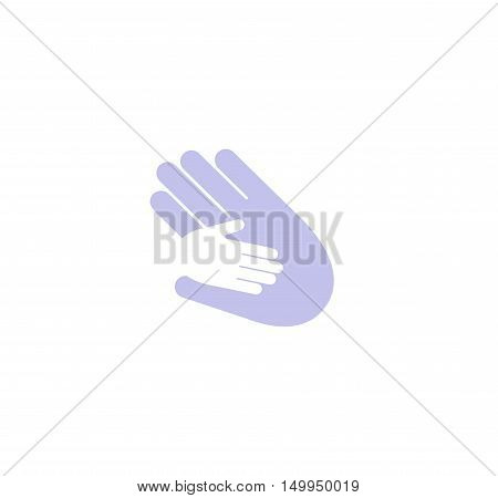 Isolated abstract blue and white adult and child hands logo. Holding hands family logotype. Parent and kid palms icon.Orphanage sign. Negative space.Adoption symbol. Father's care vector illustration