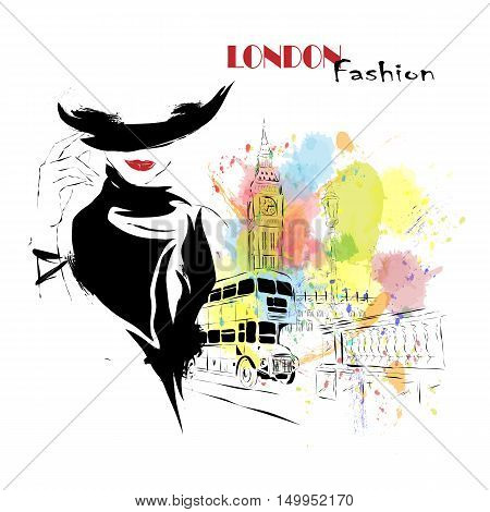 Fashion girl in sketch-style. Vector illustration. London fashion