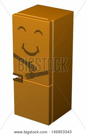 Orange smiling refrigerator isolated on white background. 3D rendering.