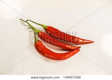 Three red hot chili pepper in a white background