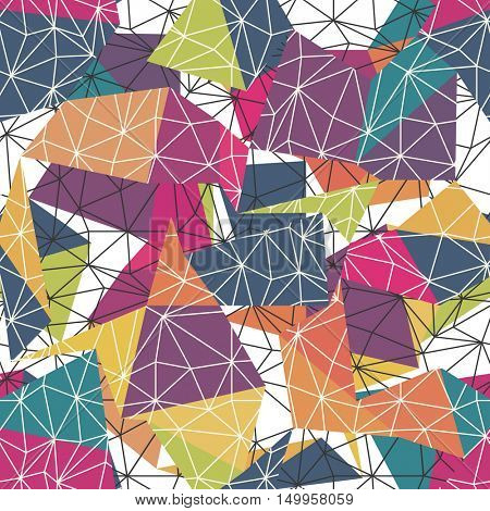 Low poly seamless repeat pattern. Triangular facets. Vector pattern. Colorful Wireframe Background