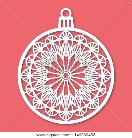 Christmas ball with snowflake. Laser Cutting template for greeting cards envelopes invitations interior elements. Vector xmas paper cutting ornamental panel. Die cut card.