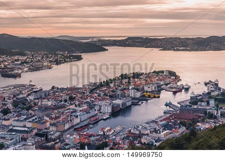 Aeral view of colorful city Bergen Norway