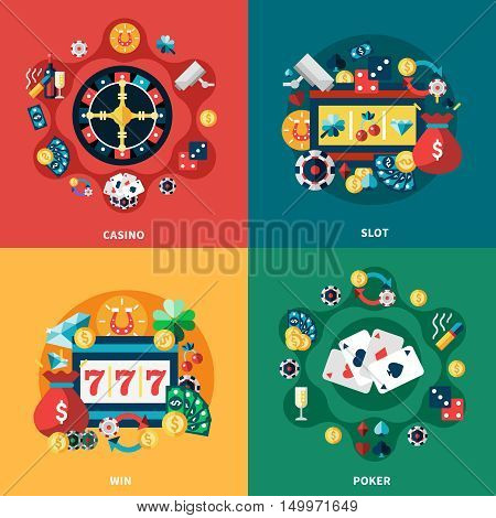 Casino games roulette slot poker 777 pockie machine 4 flat icons vector illustration