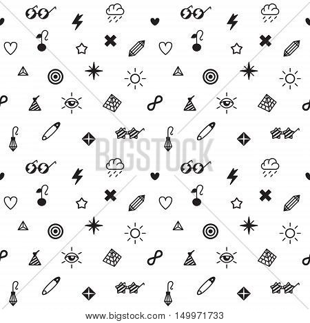 Rave punk and glam symbols seamless vector pattern in black and white colors.