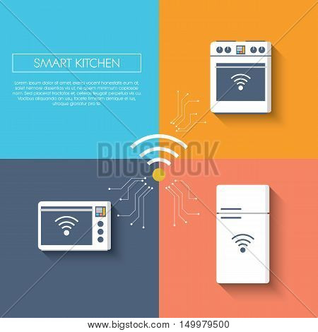 Internet of things smart kitchen concept with appliances. Refrigerator, freezer, fridge, oven, microwave. Modern flat design infographics with long shadow. Eps10 vector illustration.