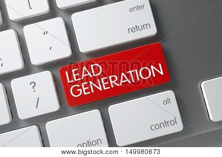 Lead Generation Concept Slim Aluminum Keyboard with Lead Generation on Red Enter Button Background, Selected Focus. 3D Illustration.