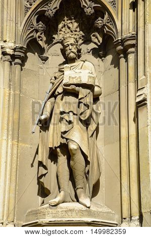 Statue of King Ethelbert on side of Canterbury Cathedral