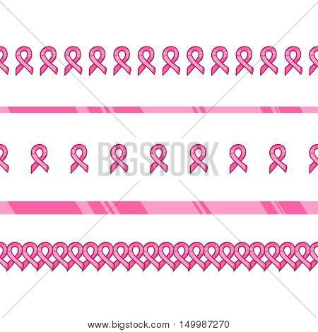 Pink ribbon, international symbol of breast cancer awareness. Vector hand drawn illustration. Set of seamless borders with ribbons
