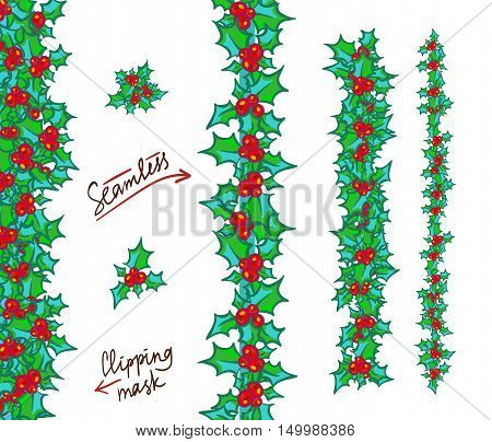 Holly borders and garlands. Vector hand drawn background, design element for Christmas and New Year greeting card or banner. Holly with berry, isolated on white