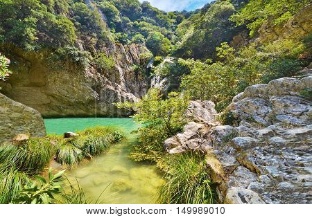 waterfalls of Polilimnio at Messinia Peloponnese Greece