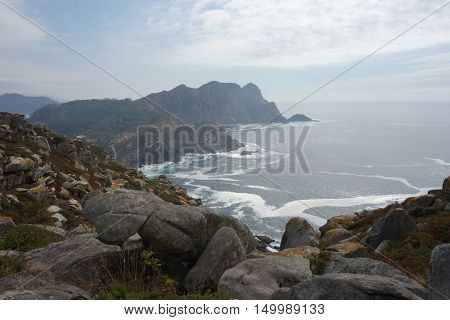 Cies Islands panorama from cliff, Vigo, Spain