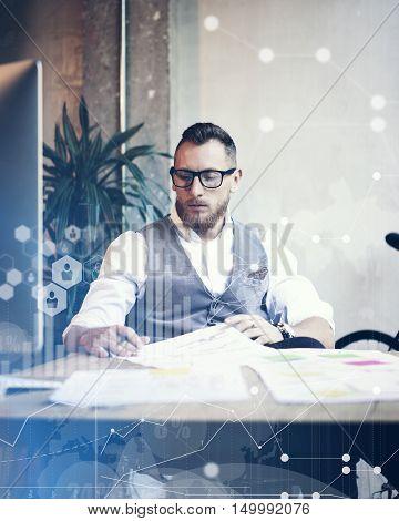 Concept Global Connection Virtual Icon Diagram Graph Interface Marketing Reserch.Bearded Businessman Making Great Business Decisions.Young Man Working Startup Desktop Computer.Blurred Vertical