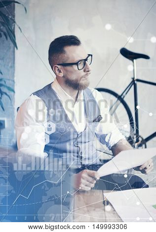 Concept Global Connection Virtual Icon Diagram Graph Interface Innovations Reserch.Bearded Businessman Making Great Business Decisions.Young Man Working Startup Desktop Computer.Blurred Vertical