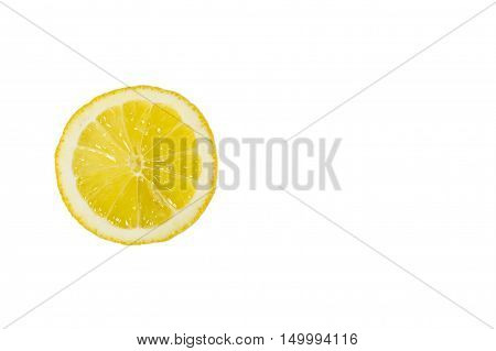 Single cross section of yellow lemon isolated on white background.