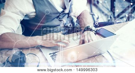 Concept Global Strategy Virtual Icon Diagram Graph Interface Innovations Reserch.Bearded Businessman Searching Great Business Decisions.Young Man Working Laptop Startup Project. Blurred Wide