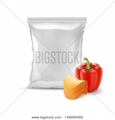Vector Stack of Potato Crispy Chips with Paprika and Vertical Sealed Empty Plastic Foil Bag for Package Design Close up Isolated on White Background