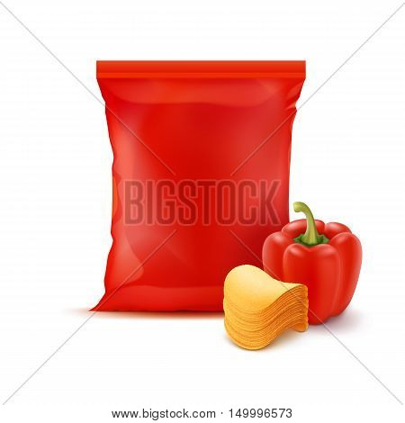 Vector Stack of Potato Crispy Chips with Paprika and Vertical Sealed Empty Red Plastic Foil Bag for Package Design Close up Isolated on White Background