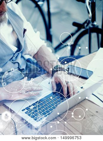 Concept Global Strategy Virtual Icon Diagram Graph Interface Innovation Reserch.Bearded Businessman Searching Great Business Decision.Young Man Working Laptop Startup Project. Blurred Closeup Vertical