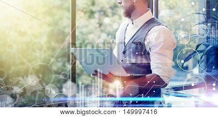 Concept Global Strategy Virtual Icon Diagram Graph Interface Investments Reserch.Bearded Businessman Searching Great Business Decisions.Young Man Holding Laptop Hands Looking Panoramic Window.Wide