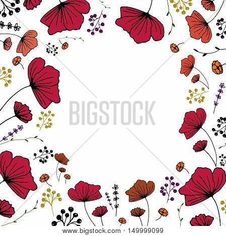 bright vector frame of red flowers, buds and twigs