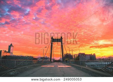 Sunset On The Abandoned Cable-stayed Bridge In Kyiv