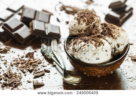 Homemade Vanilla Ice Cream With Chocolate Chips. Refreshing Dessert For Gourmets. Stracciatella