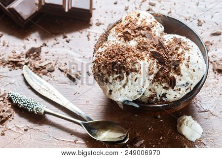 Homemade Vanilla Ice Cream With Chocolate Chips. Refreshing Dessert For Gourmets. Stracciatella