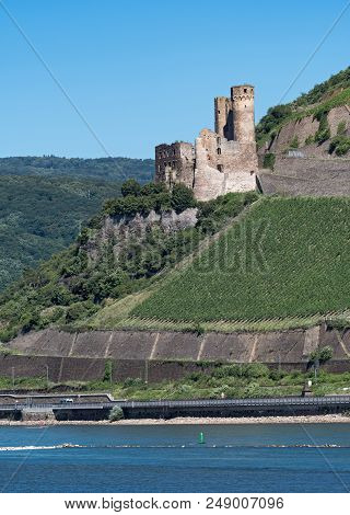Ehrenfels Castle Ruins On The Rhine Near Rüdesheim Opposite Bingen On The Rhine River, Hesse, Germa