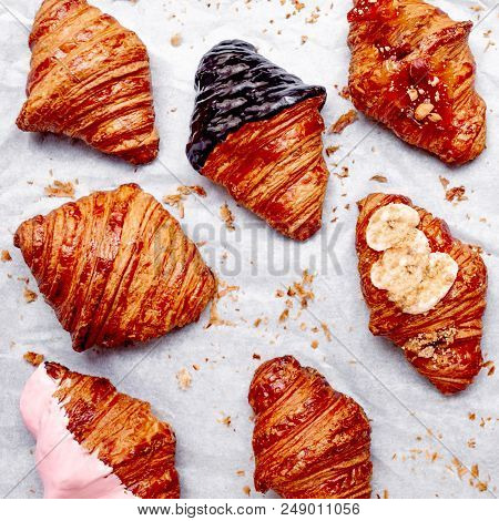Group Of Croissants. Fresh Various Homemade Croissants With Chocolate And Strawberry. Flt Lay. Colle