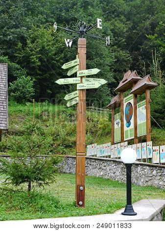 Pillar Of The Distance To The Largest European Cities In The Geographical Center Of Europe. Village 