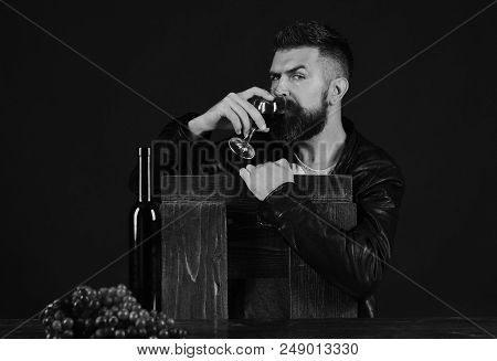 Winetasting And Degustation Concept. Man With Beard Holds Glass Of Wine On Brown Background. Sommeli