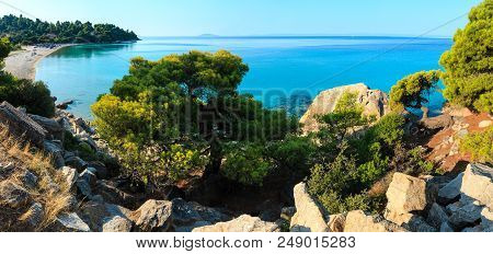 Morning Sandy Kaviou Beach. Summer Top View (nikiti, Sithonia, Halkidiki, Greece). Two Shots Stitch 