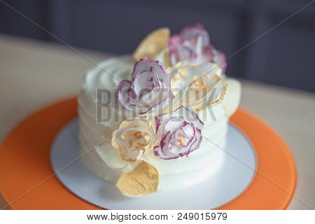 White Sponge Cake On Wooden Bright Table