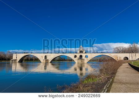 Avignon, France - March, 2018: Famous Avignon Bridge Also Called Pont Saint-benezet At Avignon Franc