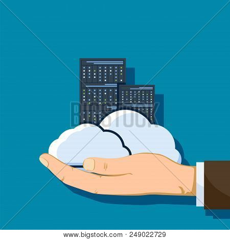 Cloud Computing Datacenter. A Man Holds In His Hands A Server For Data Storage. Stock Vector Illustr