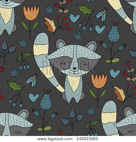 Seamless Vector Forest Pattern With Cute Color Illustrations - Sleeping Raccoons.