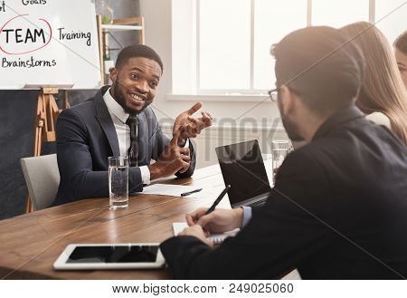 Cheerful African-american Applicant Talking At Job Interview To Hr Comission At Job Interview, Copy 