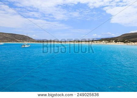 Summer Day Simos Beach, Elafonisos Island, Peloponnese, Greece June 2018. View From The Yacht. Horiz