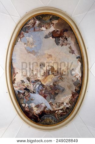 VENICE, ITALY - MAY 28: Coronation of Mary, by Giambattista Tiepolo, ceiling of the Church of the Pieta or St Mary of the Visitation in Venice, Italy, on May 28, 2017.