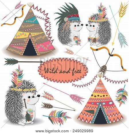 Tribal Collections Set With Teepee Tens, Arrows, Feathers, Tribal Borders, Indian Hedgehog And Feath