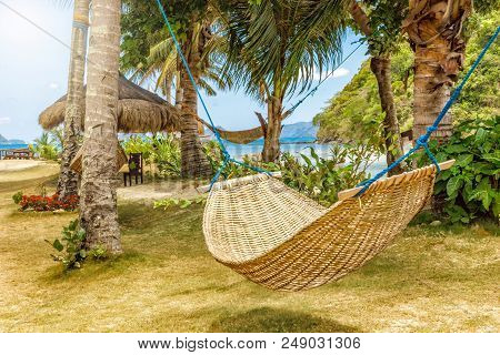 Tropical Beach. A Hammock Between Two Palm Trees On The Beach. Concept Of Rest. Beautiful Beach.