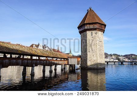 Lucerne, Switzerland -23 December 2017 : Buildings Of The City Along Lake Lucerne. Lucerne Is A City